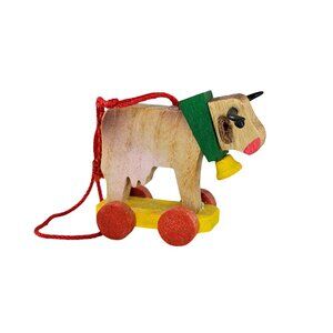 Graupner Holzminiaturen Erzgebirge Wooden Cow On Wheels Ornament Germany